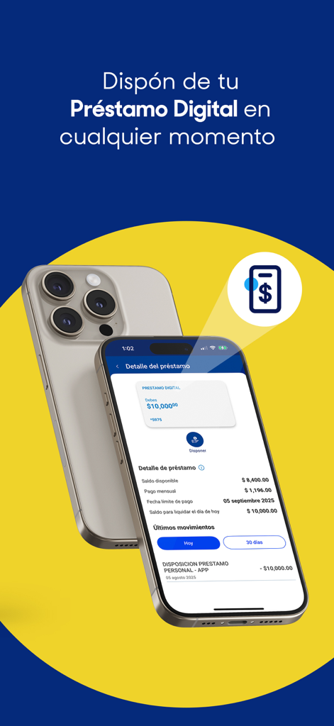 iPhone che mostra la schermata dei dettagli del prestito digitale dell'app BanCoppel con saldo disponibile e informazioni sul pagamento.