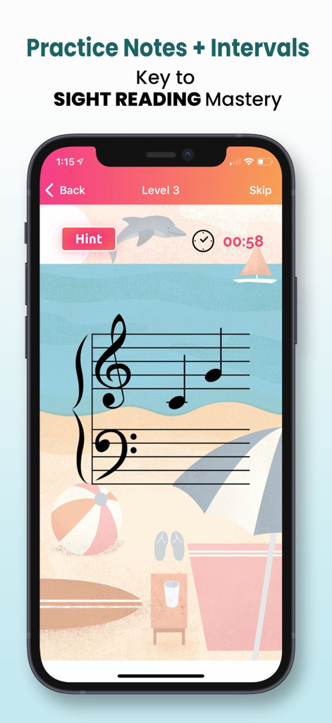 Interfaz de la aplicación móvil Note Quest que muestra un juego de reconocimiento de notas de piano con temática playera
