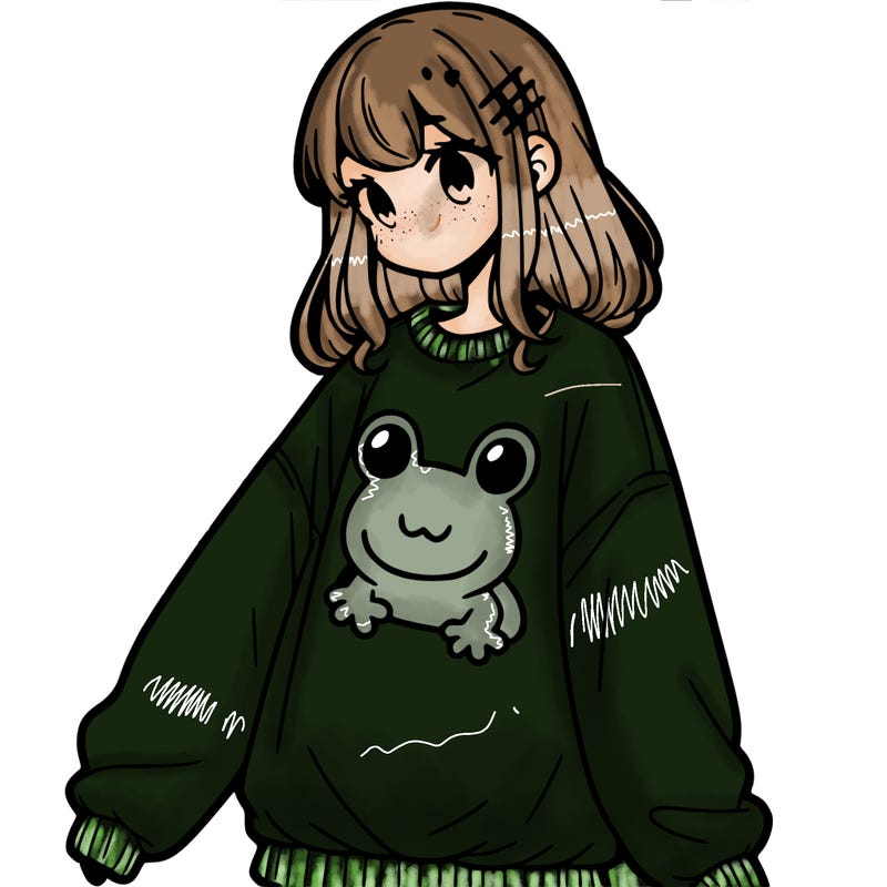 girl wearing frogging sweatshirt