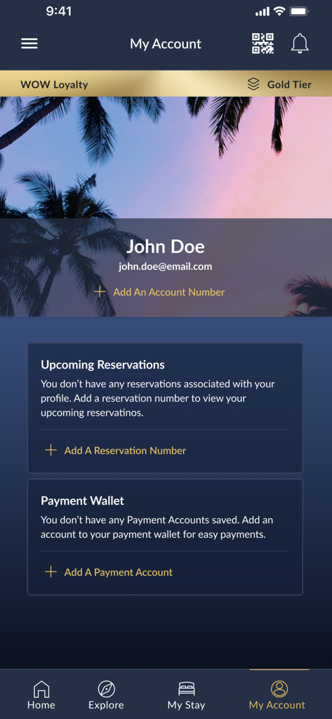 The My Account screen of the Westgate Resorts mobile app showing user profile details Gold Tier loyalty status and options for reservations and payments.