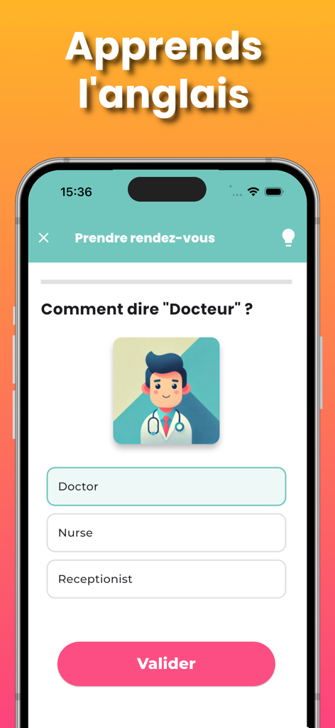 Goopy : Apprendre l'anglais - Interfaz de la aplicación Goopy que muestra un cuestionario de vocabulario de inglés para hablantes de francés preguntando cómo decir doctor con opciones múltiples.