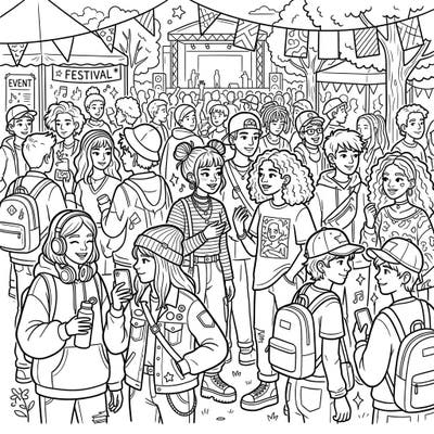 Capture the vibrant atmosphere of a youth music festival with this exciting coloring page. Explore a detailed scene brimming with trendy teens enjoying a live concert under festive banners.