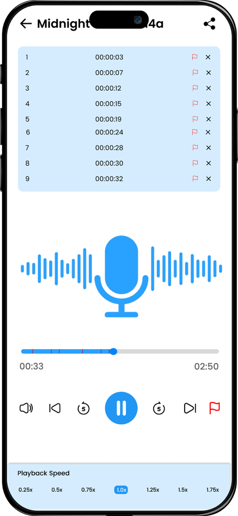 The audio playback interface of the Easy Sound recorder app showing a waveform flags and playback speed controls