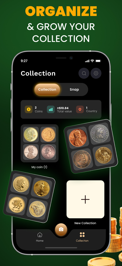 Coin Identifier: Coin ID Scan - Una pantalla de aplicación móvil mostrando un gestor de colecciones de monedas digital con categorías y seguimiento del valor total.