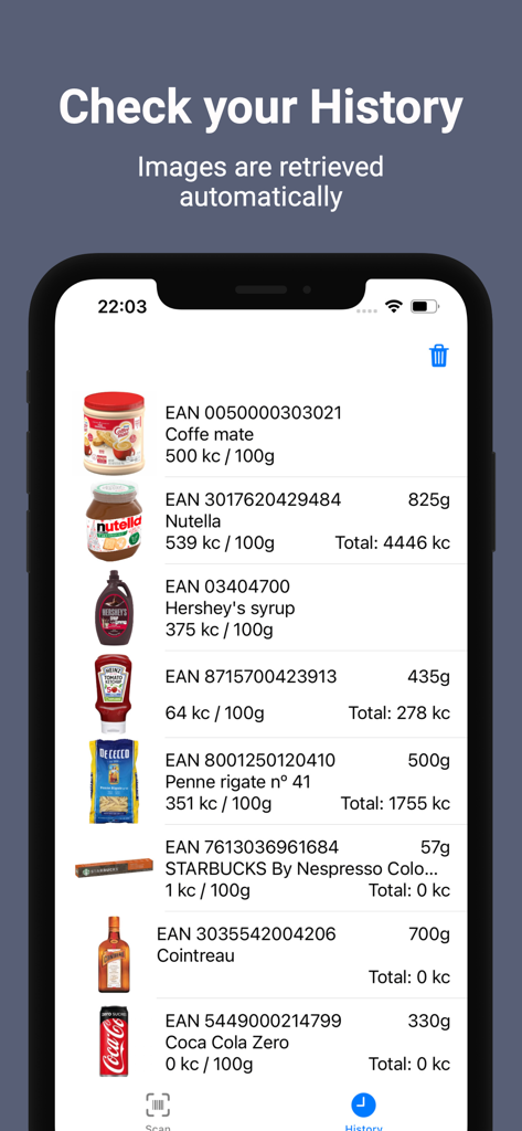 Calories Scanner - History screen of the Calories Scanner app showing a list of scanned food items with their caloric density