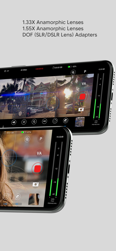 Beastcam app interface highlighting support for anamorphic lenses and DOF adapters with manual pro camera controls