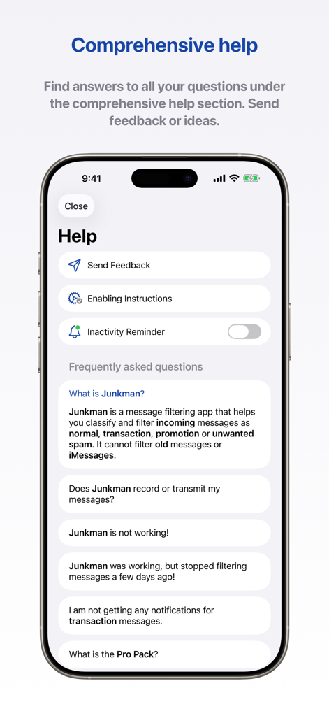 A screenshot of the help and FAQ menu in the Junkman SMS blocker app
