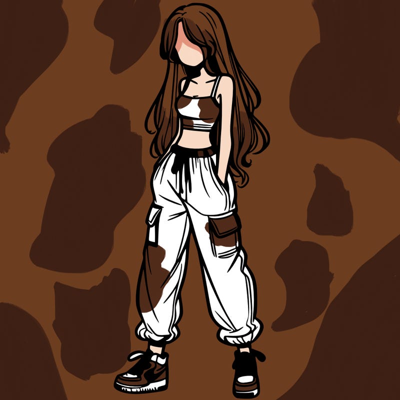 girl in baggy pants crop top and long hair