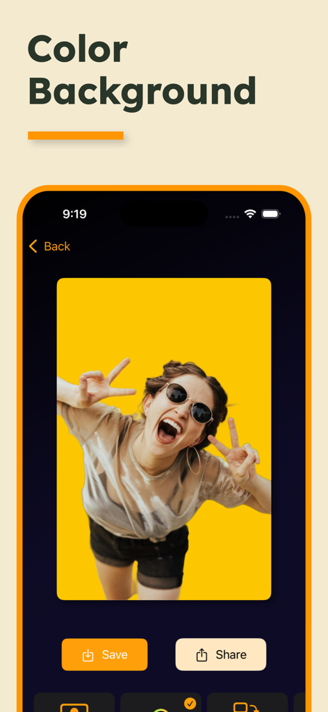 Remove Background: PNG Maker - Interface of the Remove Background app showing a woman with a custom yellow background and save and share options