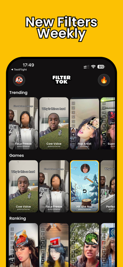 FilterTok - Filter Games - The FilterTok app home screen displaying trending and ranking AR filter games for social media