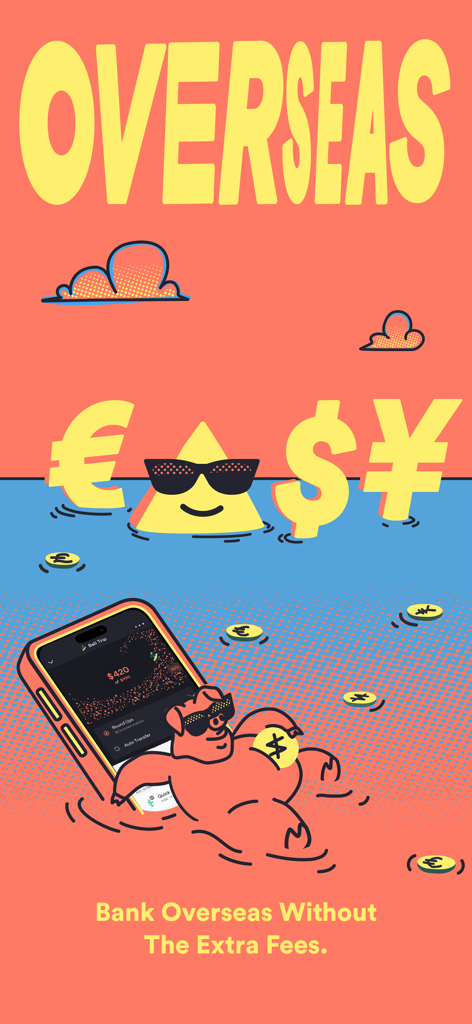 Vibrant cartoon illustration showing overseas banking without extra fees using the Up app