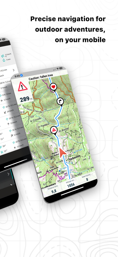 TwoNav 6: Routes and Maps - TwoNav 6 mobile app showing topographic navigation map and route hazard alert
