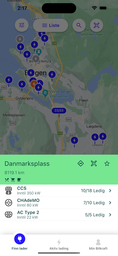 Bilkraft mobile app screen displaying a map of EV charging stations and live availability for different connector types.