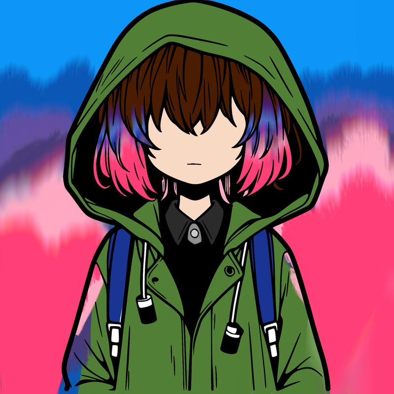 little anime girl in a raincoat her hair is covering her eyes she has a lighter