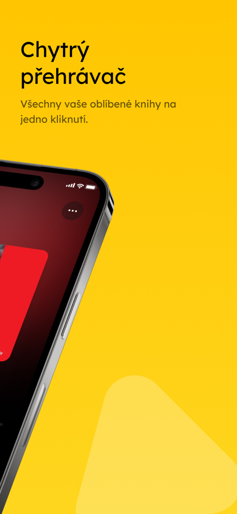 Elredo Audioknihy - Smartphone displaying the smart player screen of the Elredo Audioknihy app against a bright yellow background.