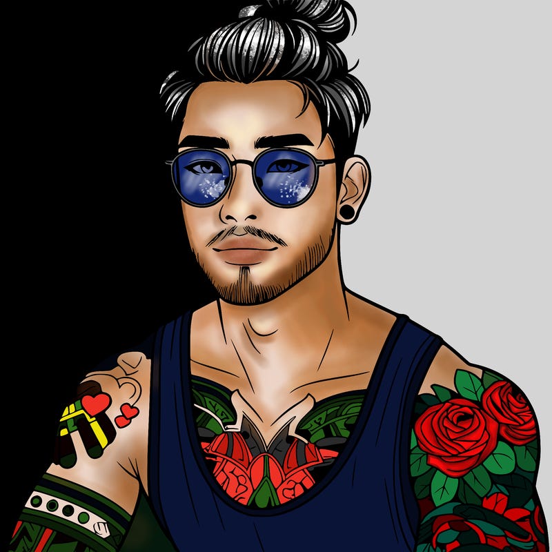 young attractive asian man with a man-bun, glasses, and tattoo's