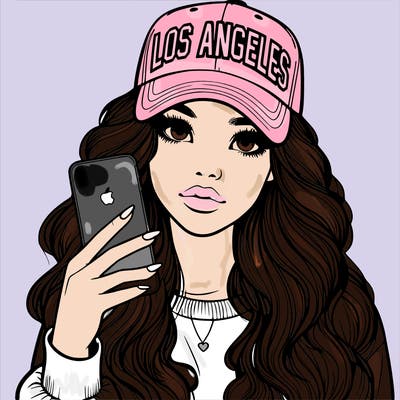 realistic beautiful girl wearing los ángeles cap holding an iphone