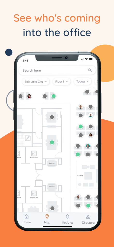 Tactic: Office Management - Tactic app interactive office map showing desk availability and colleagues present in the office