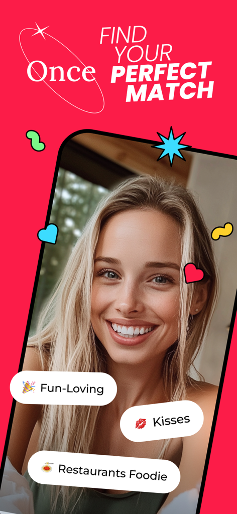 Interfaz de la aplicación de citas Once que muestra el perfil de una mujer sonriente con etiquetas de intereses como amante de la diversión y foodie