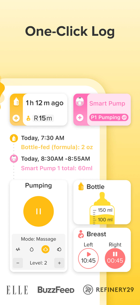 Interface of Glow Baby app showing one-click logs for breastfeeding pumping and bottle feeding sessions