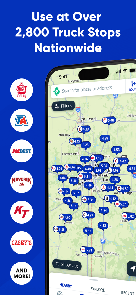 Mudflap - Mudflap app map showing diesel fuel prices at nationwide truck stops including TA and Casey's