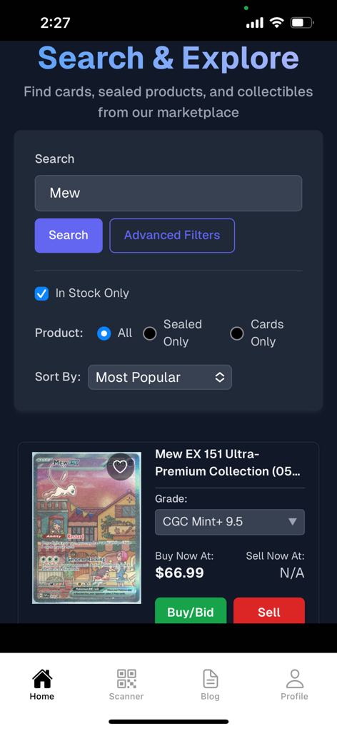 Search and explore screen of the Misprint app showing a graded Mew Pokémon card for sale with marketplace filters and price details.