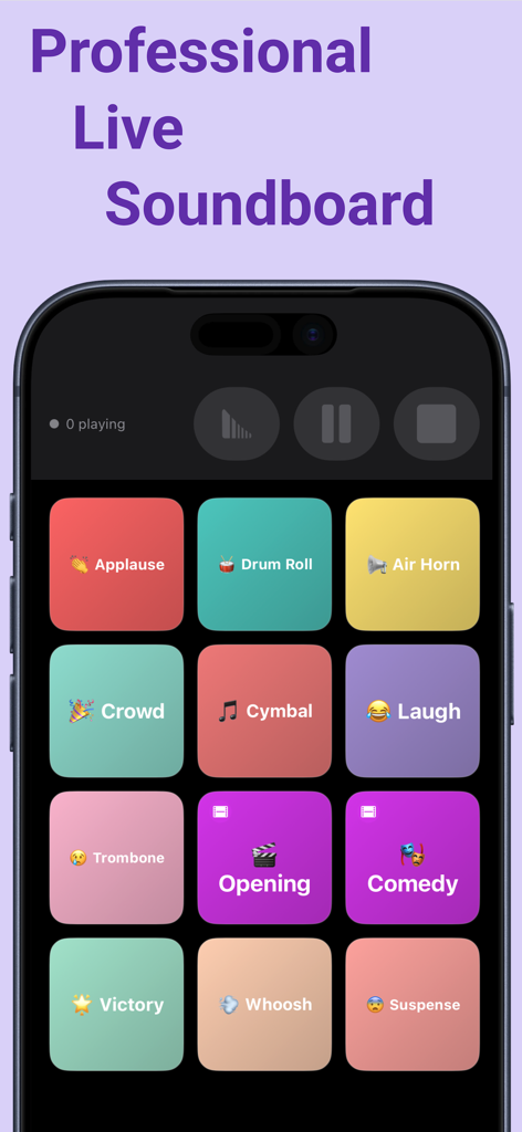 Sound Board Pad - Interface of the Sound Board Pad app showing a colorful grid of sound triggers including applause, drum roll, and laughter.