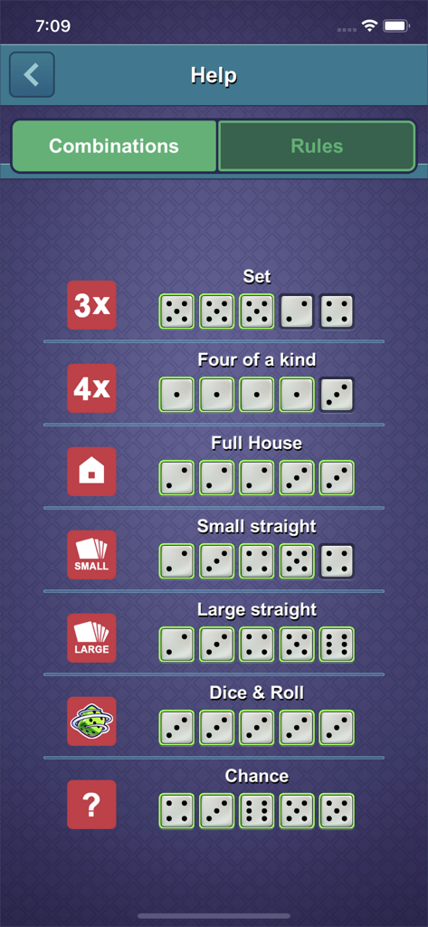 Dice-n-Roll online Yatzy - A list of valid dice scoring combinations for Dice-n-Roll online Yatzy including Full House and Straights.