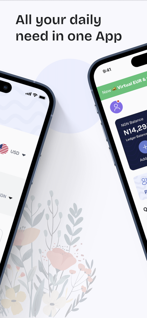 Screenshot der Changera Mobile App, die Multi-Währungs-Kontostände und den Text 'All your daily need in one App' anzeigt
