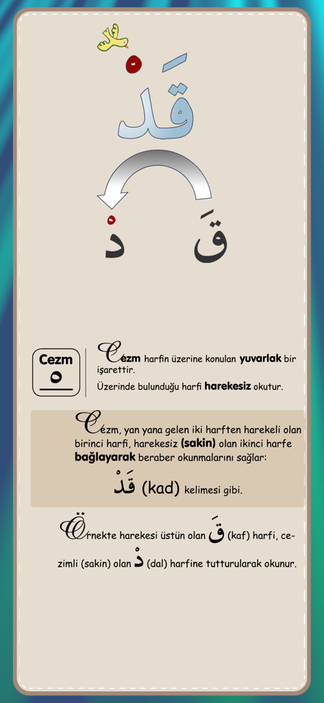 Muezzin Prayer Time Azan - Educational screen from the Muezzin app explaining the Cezm diacritic in Turkish for Quranic reading lessons
