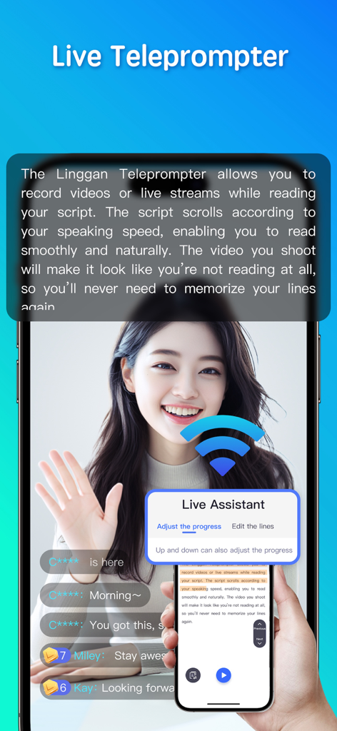 Mobile interface of a live teleprompter app showing a script overlay and live stream assistant feature