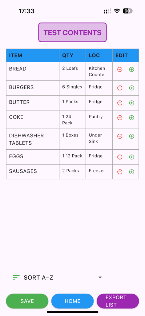 KITCHEN INVENTORY - Kitchen inventory app screen showing a list of food items with their quantities and storage locations like fridge and pantry.