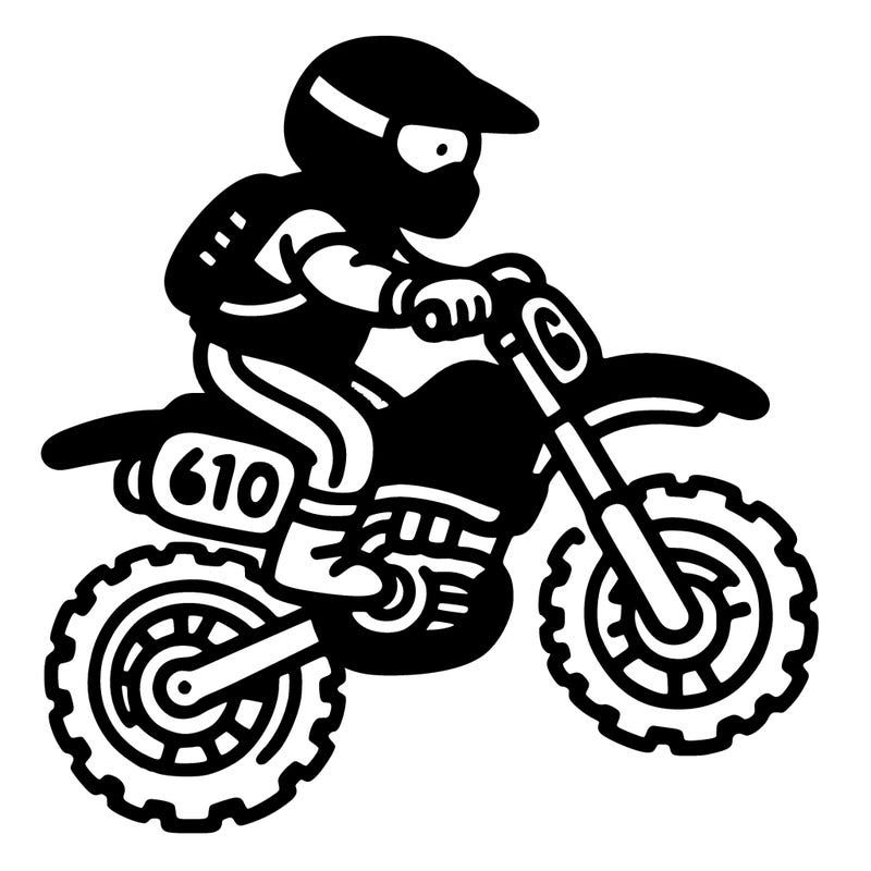 a blue dirt bike that on the plates it says 610 with a rider on it