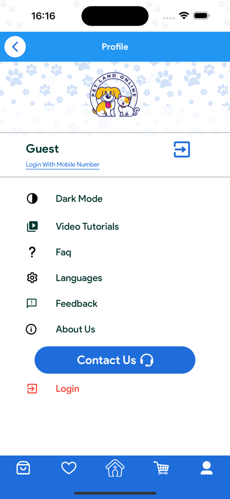 Pet Land IQ - Pet Land IQ mobile app profile settings screen for guest users