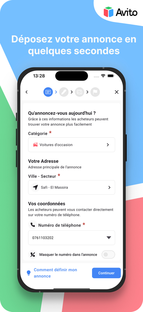 Avito Boutique - Interfaz de la aplicación Avito Boutique que muestra el proceso paso a paso para crear un anuncio clasificado de coches usados.