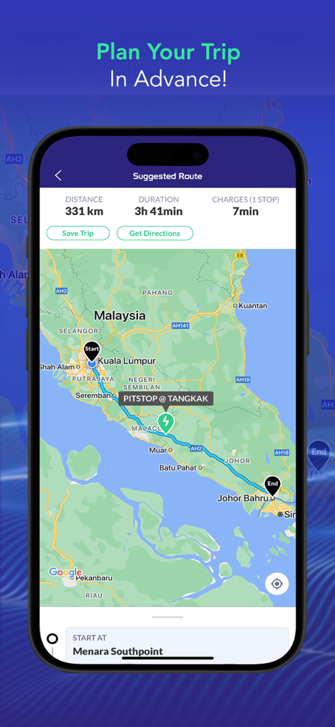 The chargEV app trip planner showing a suggested route and EV charging stops on a map of Malaysia.
