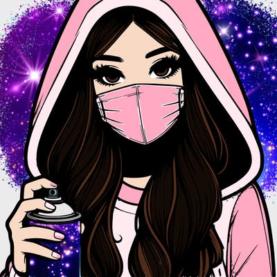 girl wearing a mask with long hair with her hood up spray-painting realistic