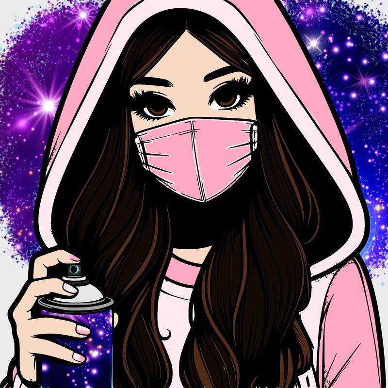girl wearing a mask with long hair with her hood up spray-painting realistic