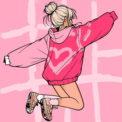 realistic girl jumping with a bun and oversized sweatshirt
