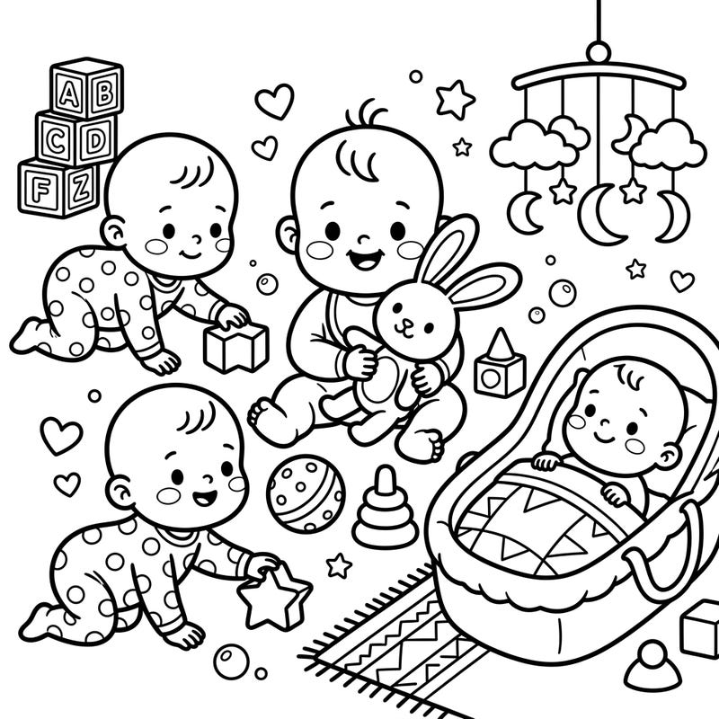 Dive into a world of adorable babies at play with this charming coloring page. Perfect for kids, it features happy infants surrounded by toys, ready for your creative touch.