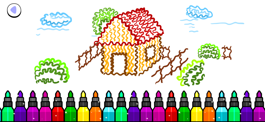 A colorful digital drawing of a house and clouds in a kids coloring app with markers at the bottom