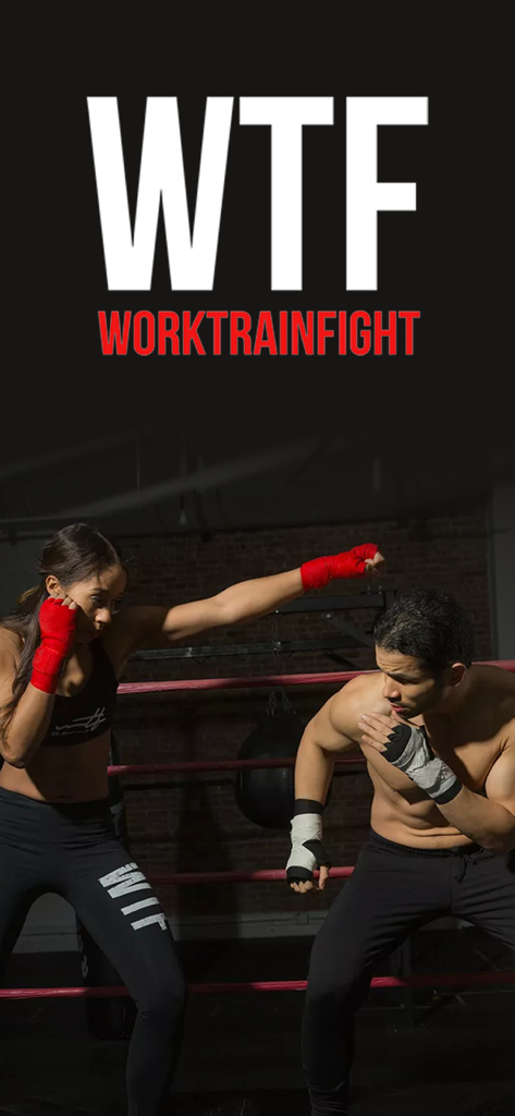Work Train Fight - A man and woman training in a boxing ring with the Work Train Fight logo above them