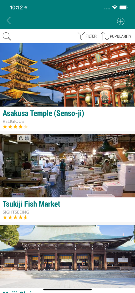 Self Guide - Self Guide app screen showing tourist attractions in Tokyo including Asakusa Temple and Tsukiji Fish Market with ratings and categories