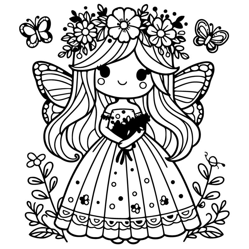 girl with flowers in her hair with butterfly wings and fairy dress