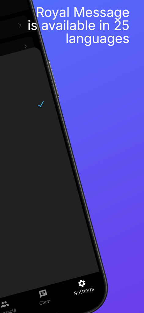 Royal Message - Screenshot der Royal Message App-Oberfläche, die besagt, dass sie in fünfundzwanzig Sprachen verfügbar ist