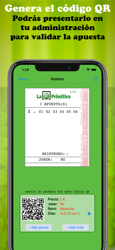 SoloPrimitiva app screen displaying a digital La Primitiva lottery ticket and a generated QR code for in-person bet validation.