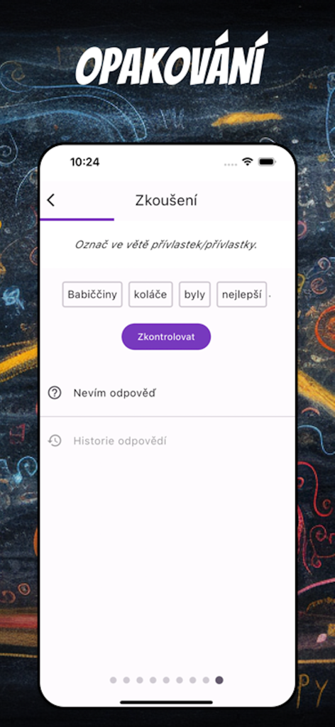 Čeština - モバイルアプリの画面。ユーザーが文の属性を特定するチェコ語文法演習が表示されています。