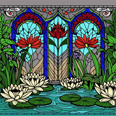 water lilies, stained glass window.