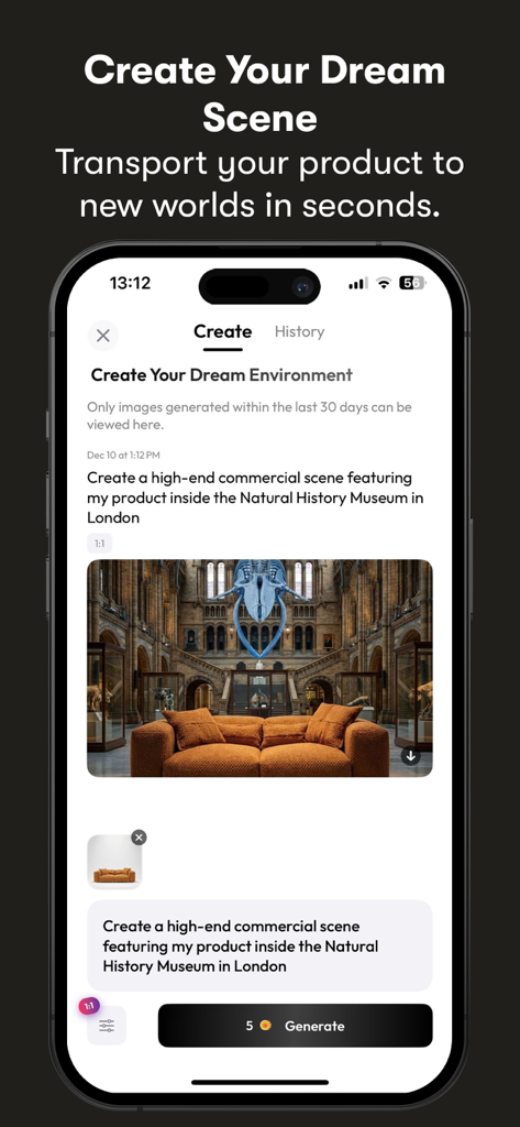 A screenshot of the Furnea app interface showing a brown sofa virtually staged in a museum setting using AI