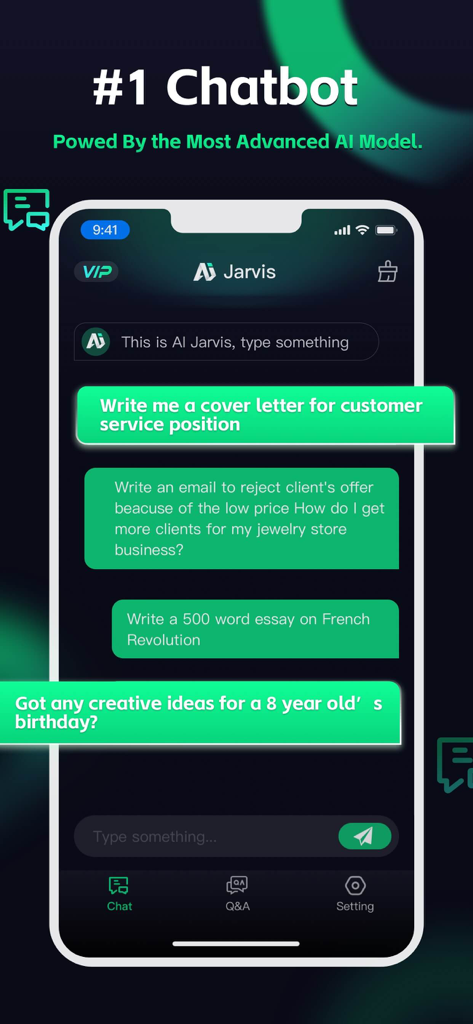Schermata dello smartphone che mostra l'interfaccia della chat AI di Jarvis con prompt di testo per scrivere lettere di presentazione, email aziendali e saggi accademici.